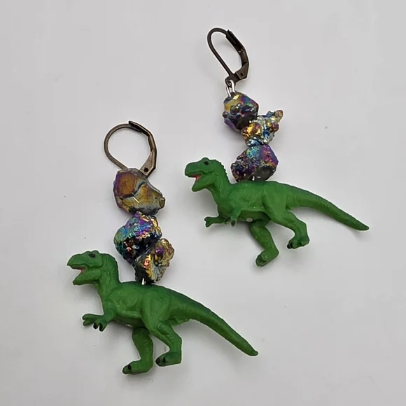 Green Dinosaur Drop Earrings with Iridescent Accent Beads - Picture 5 of 6